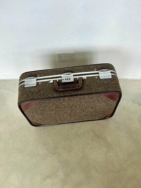 Vintage Skyway Tweed Suitcase 24" Brown Leather Trim MCM Luggage
